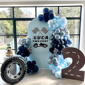 Racing-Themed Birthday Party Decor Set - 3 Cutouts: Arch Backdrop, Road Number, and Tire Prop