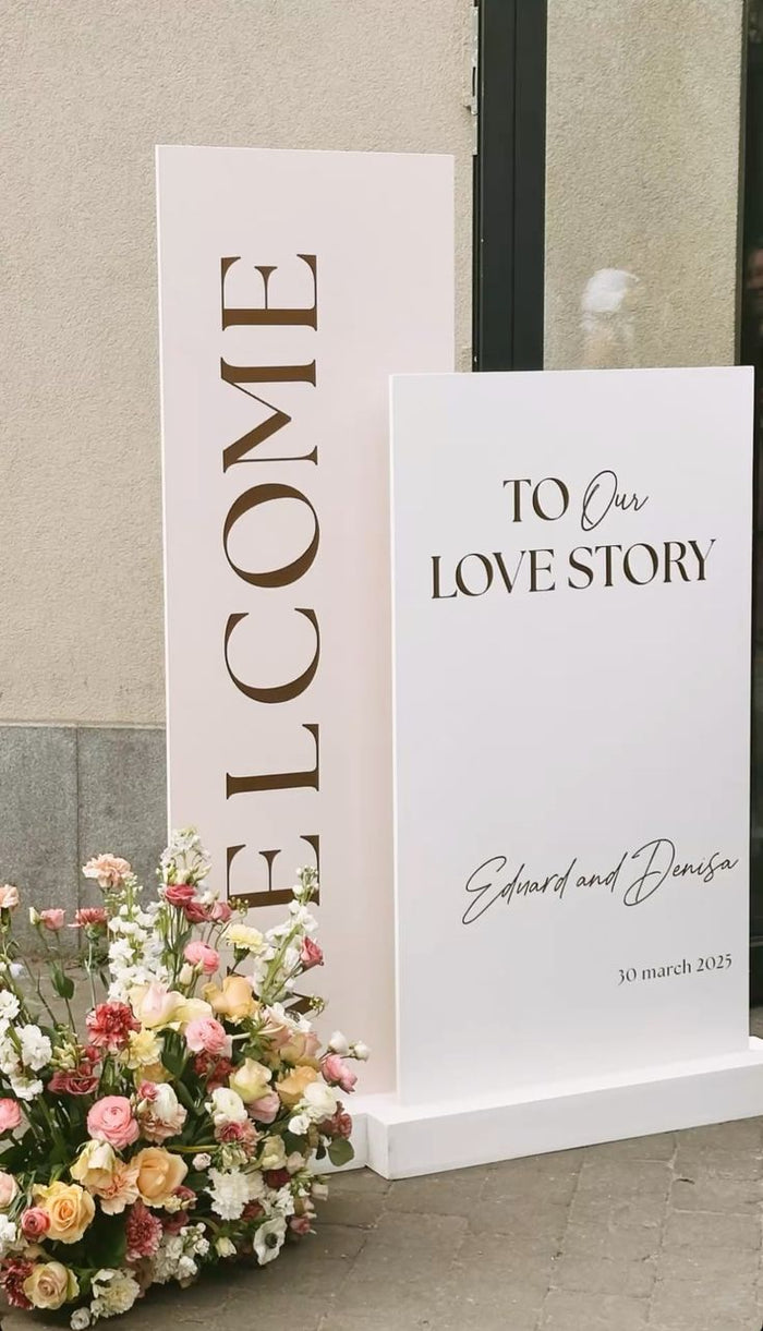 Luxury Dual Panel Wedding Welcome Backdrop Set – 160–180cm Tall Main Panel & 140cm Side Panel | Custom Love Story Event Display | Premium Foam Board Standing Entrance Decor | Indoor & Outdoor Reception Styling UAE