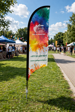 Custom Printed Curved Top Flag with Ground Spike – Premium Polyester Fabric Advertising Flag | Single Side Printing with Reversed Back | Outdoor Promotional Display for Events, Retail & Branding | Yalla Printing UAE