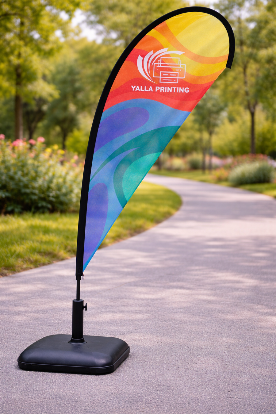 Custom Printed Teardrop Flag with Plastic Coated Concrete Base (30KG) – Premium Polyester Fabric Advertising Flag | Single Side Printing with Reversed Back | Indoor & Outdoor Promotional Display for Events, Retail & Exhibitions | Yalla Printing UAE