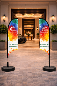 Custom Printed Double Sided Curved Top Flag with Round Black Water Base (32KG) – Premium Satin Fabric Advertising Flag | 2 Printed Fabrics Stitched Together for Double Side View | Indoor & Outdoor Promotional Display | Yalla Printing UAE