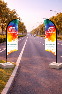 Custom Printed Double Sided Curved Top Flag with Square Concrete Base (80KG) – Premium Satin Fabric Advertising Flag | 2 Printed Fabrics Stitched Together for Double Side View | Indoor & Outdoor Promotional Display | Yalla Printing UAE