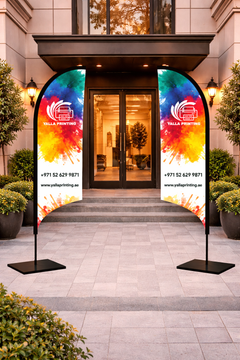 Custom Printed Double Sided Curved Top Flag with Square Metal Base – Premium Satin Fabric Advertising Flag | 2 Printed Fabrics Stitched Together for Double Side View | Indoor & Outdoor Promotional Display | Yalla Printing UAE