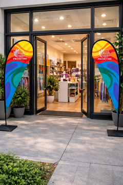 Custom Printed Double Sided Teardrop Flag with Square Metal Base – Premium Satin Fabric Advertising Flag | 2 Printed Fabrics Stitched Together for Double Side View | Indoor & Outdoor Promotional Display | Yalla Printing UAE