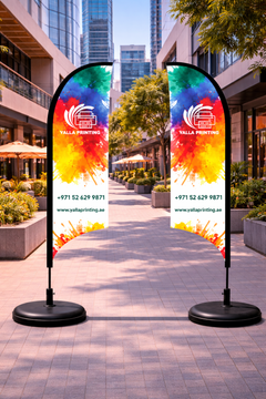 Custom Printed Double Sided Curved Top Flag with Plastic Coated Concrete Base (30KG) – Premium Satin Fabric Advertising Flag | 2 Printed Fabrics Stitched Together for Double Side View | Indoor & Outdoor Promotional Display | Yalla Printing UAE