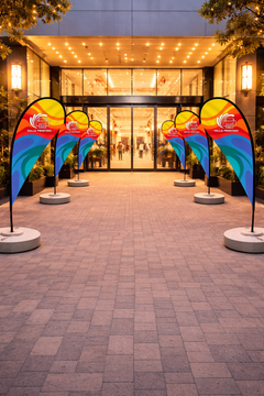 Custom Printed Double Sided Teardrop Flag with Round Concrete Base (45KG) – Premium Satin Fabric Advertising Flag | 2 Printed Fabrics Stitched Together for Double Side View | Indoor & Outdoor Promotional Display | Yalla Printing UAE