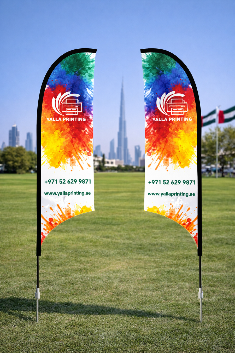 Custom Printed Double Sided Curved Top Flag with Ground Spike – Premium Satin Fabric Advertising Flag | 2 Printed Fabrics Stitched Together for Double Side View | Outdoor Promotional Display | Yalla Printing UAE
