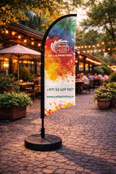 Custom Printed Curved Top Flag with Round Black Water Base (32KG) – Premium Polyester Fabric Advertising Flag | Single Side Printing with Reversed Back | Indoor & Outdoor Promotional Display | Yalla Printing UAE