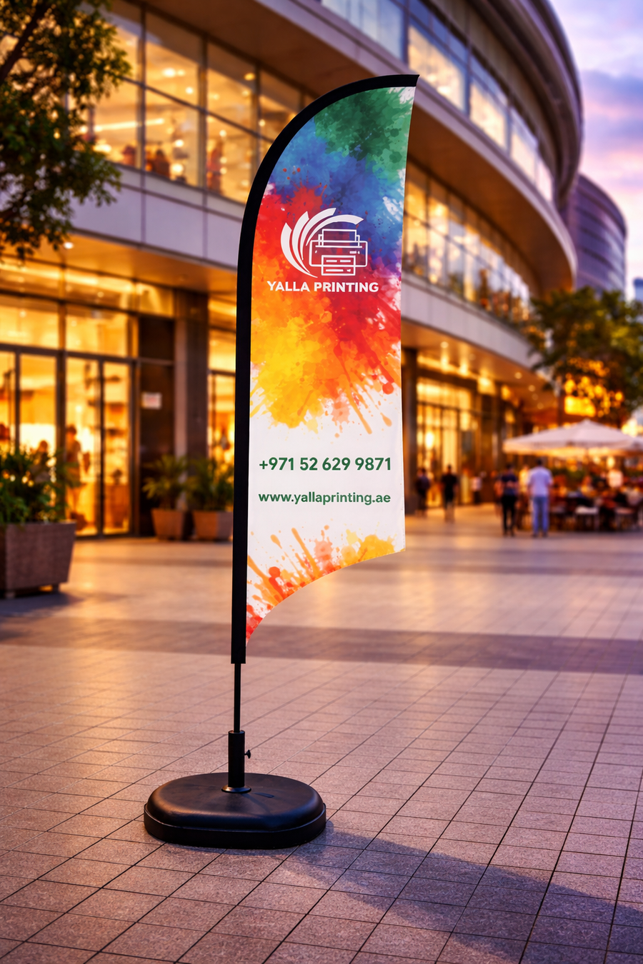 Custom Printed Curved Top Flag with Plastic Coated Concrete Base (30KG) – Premium Polyester Fabric Advertising Flag | Single Side Printing with Reversed Back | Indoor & Outdoor Promotional Display | Yalla Printing UAE