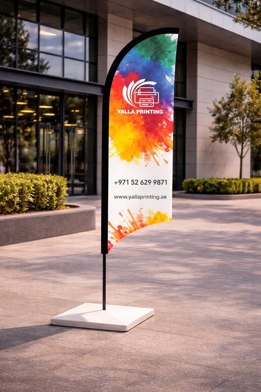 Custom Printed Curved Top Flag with Square Concrete Base (30KG) – Premium Polyester Fabric Advertising Flag | Single Side Printing with Reversed Back | Indoor & Outdoor Promotional Display | Yalla Printing UAE