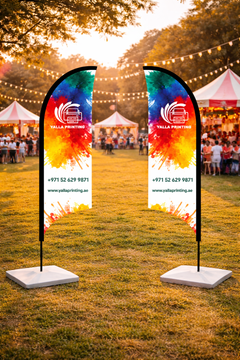 Custom Printed Double Sided Curved Top Flag with Square Concrete Base (30KG) – Premium Satin Fabric Advertising Flag | 2 Printed Fabrics Stitched Together for Double Side View | Indoor & Outdoor Promotional Display | Yalla Printing UAE