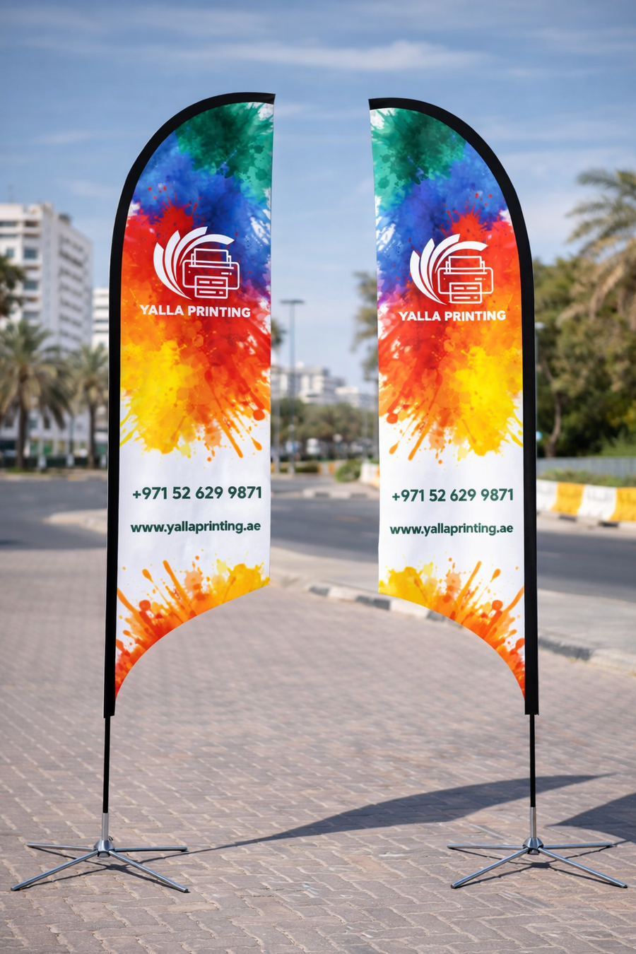 Custom Printed Double Sided Curved Top Flag with Cross Base – Premium Satin Fabric Advertising Flag | 2 Printed Fabrics Stitched Together for Double Side View | Indoor & Outdoor Promotional Display | Yalla Printing UAE