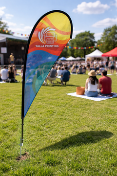 Custom Printed Teardrop Flag with Ground Spike – Premium Polyester Fabric Advertising Flag | Single Side Printing with Reversed Back | Outdoor Promotional Branding Display for Events, Retail, Roadshows & Business Marketing | Yalla Printing UAE
