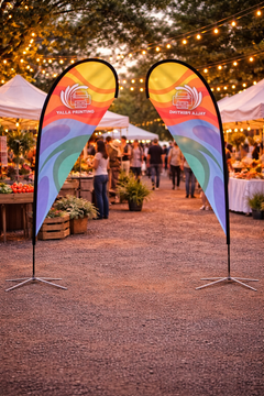 Custom Printed Teardrop Flag with Cross Base – Polyester Advertising Flag | Single Side Print, Reversed Back | Indoor & Outdoor Event, Retail & Exhibition Display | Yalla Printing UAE