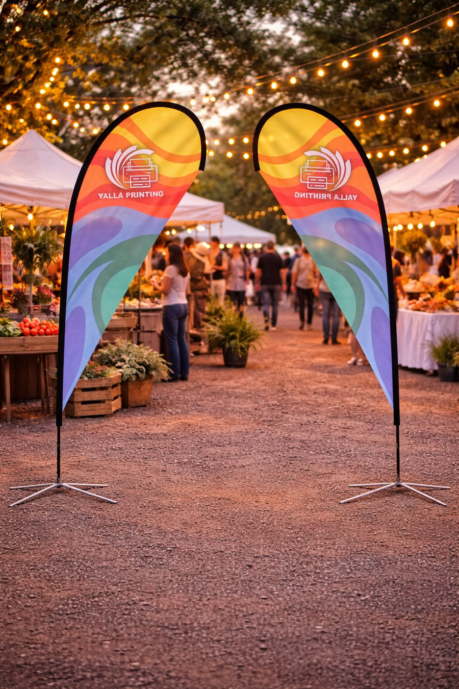 Custom Printed Teardrop Flag with Cross Base – Polyester Advertising Flag | Single Side Print, Reversed Back | Indoor & Outdoor Event, Retail & Exhibition Display | Yalla Printing UAE