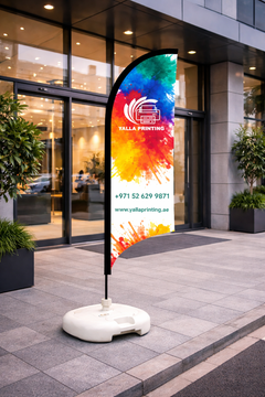Custom Printed Curved Top Flag with White Square Water Base (20KG) – Premium Polyester Fabric Advertising Flag | Single Side Printing with Reversed Back | Indoor & Outdoor Promotional Display | Yalla Printing UAE