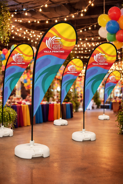 Custom Printed Double Sided Teardrop Flag with White Square Water Base (20KG) – Premium Satin Fabric Advertising Flag | 2 Printed Fabrics Stitched Together for Double Side View | Indoor & Outdoor Promotional Display | Yalla Printing UAE
