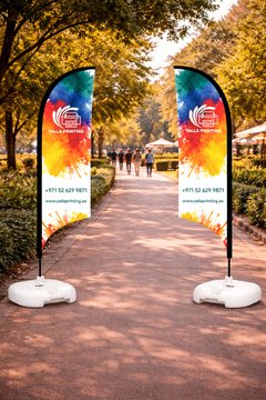 Custom Printed Double Sided Curved Top Flag with White Square Water Base (20KG) – Premium Satin Fabric Advertising Flag | 2 Printed Fabrics Stitched Together for Double Side View | Indoor & Outdoor Promotional Display | Yalla Printing UAE