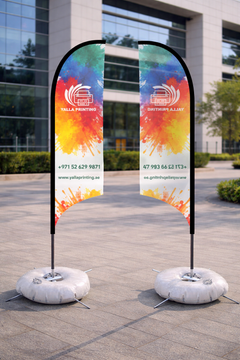 Custom Printed Curved Top Flag with Cross Base & Water Weight Bag – Premium Polyester Fabric Advertising Flag | Single Side Printing with Reversed Back | Indoor & Outdoor Promotional Display | Yalla Printing UAE