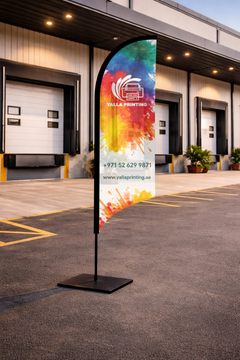 Custom Printed Curved Top Flag with Square Metal Base – Premium Polyester Fabric Advertising Flag | Single Side Printing with Reversed Back | Indoor & Outdoor Promotional Display | Yalla Printing UAE