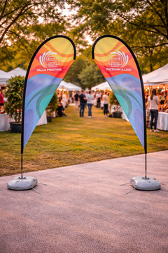 Custom Printed Teardrop Flag with Cross Base & Water Weight Bag – Premium Polyester Fabric Advertising Flag | Single Side Printing with Reversed Back | Indoor & Outdoor Promotional Display for Events, Retail, Exhibitions & Roadshows | Yalla Printing UAE