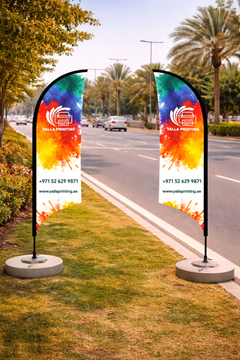 Custom Printed Double Sided Curved Top Flag with Round Concrete Base (45KG) – Premium Satin Fabric Advertising Flag | 2 Printed Fabrics Stitched Together for Double Side View | Indoor & Outdoor Promotional Display | Yalla Printing UAE