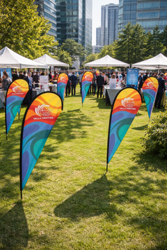 Custom Printed Double Sided Teardrop Flag with Cross Base & Water Weight Bag – Premium Satin Fabric Advertising Flag | 2 Printed Fabrics Stitched Together for Double Side View | Indoor & Outdoor Promotional Display | Yalla Printing UAE (Copy)