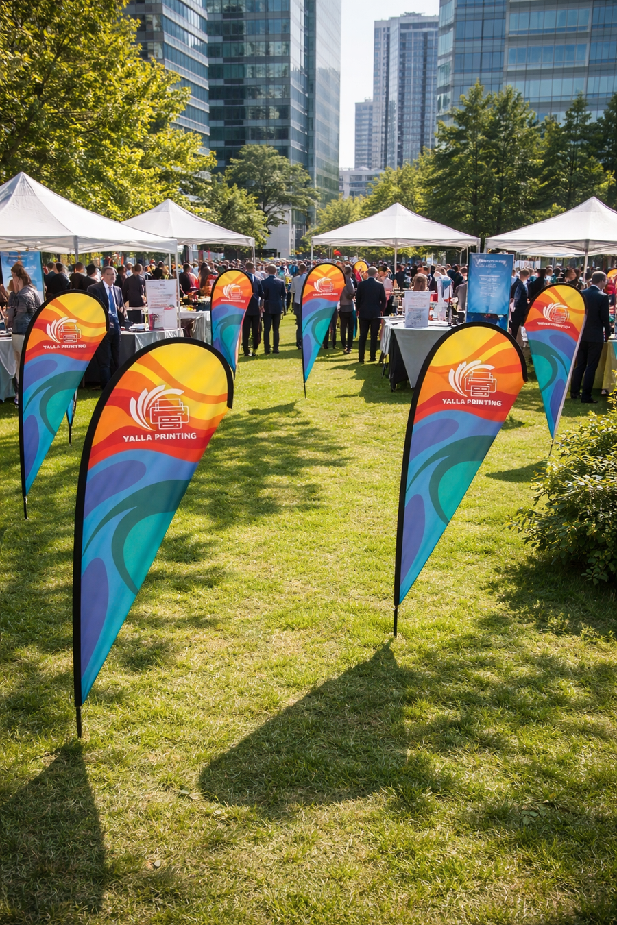 Custom Printed Double Sided Teardrop Flag with Cross Base & Water Weight Bag – Premium Satin Fabric Advertising Flag | 2 Printed Fabrics Stitched Together for Double Side View | Indoor & Outdoor Promotional Display | Yalla Printing UAE (Copy)