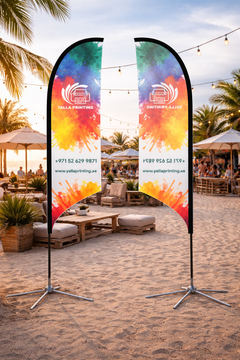Custom Printed Curved Top Flag with Cross Base – Premium Polyester Fabric Advertising Flag | Single Side Printing with Reversed Back | Indoor & Outdoor Promotional Display for Events, Retail & Exhibitions | Yalla Printing UAE