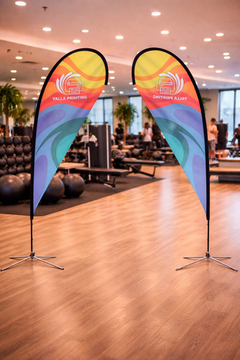 Custom Printed Teardrop Flag with Cross Base – Polyester Advertising Flag | Single Side Print, Reversed Back | Indoor & Outdoor Event, Retail & Exhibition Display | Yalla Printing UAE