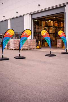 Custom Printed Double Sided Teardrop Flag with Plastic Coated Concrete Base (30KG) – Premium Satin Fabric Advertising Flag | 2 Printed Fabrics Stitched Together for Double Side View | Indoor & Outdoor Promotional Display | Yalla Printing UAE
