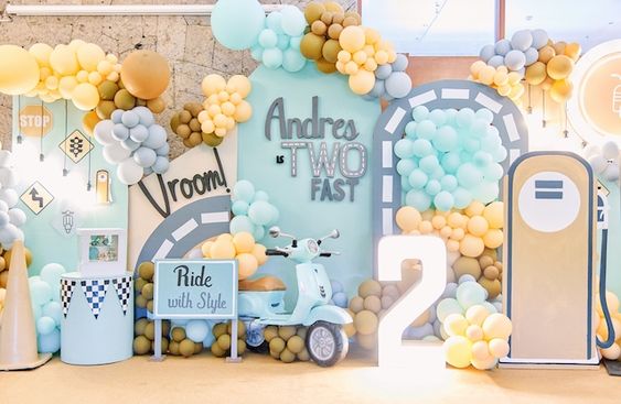 Vintage Scooter Birthday Decor - 5 Cutouts: Road Arch, Personalized Backdrop, Gas Pump, and Sign