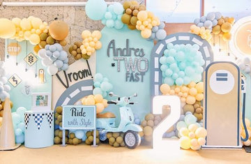 Vintage Scooter Birthday Decor - 5 Cutouts: Road Arch, Personalized Backdrop, Gas Pump, and Sign