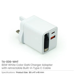 80W GaN Fast Charger Adaptor with Retractable Built-in Type-C Cable