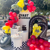 Race Day Birthday Decor - 3 Cutouts: "2Fast 2Curious" Backdrop, Road Number, and Tire Prop