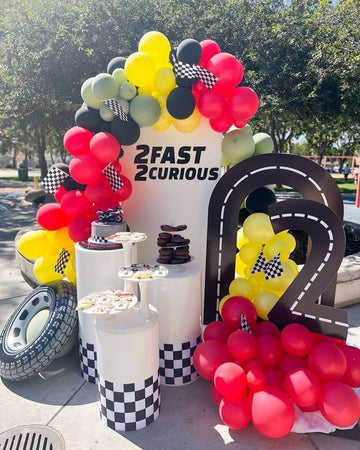 Race Day Birthday Decor - 3 Cutouts: "2Fast 2Curious" Backdrop, Road Number, and Tire Prop