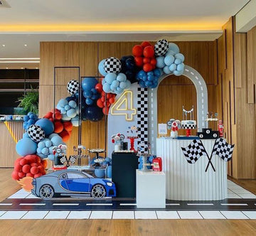 Racing-Themed Birthday Party Decor Set - Race Track Arch, Sports Car Cutout, and Checkerboard Panels