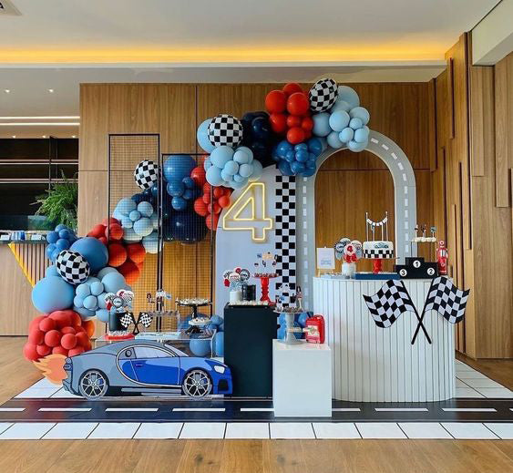 Racing-Themed Birthday Party Decor Set - Race Track Arch, Sports Car Cutout, and Checkerboard Panels