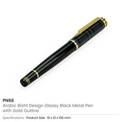 Custom Printed Arabic Traditional Bisht Design Metal Pens, Glossy Black With Gold Outline - Stainless Steel | Logo Branding Corporate Gift | UAE Delivery | Yalla Printing UAE