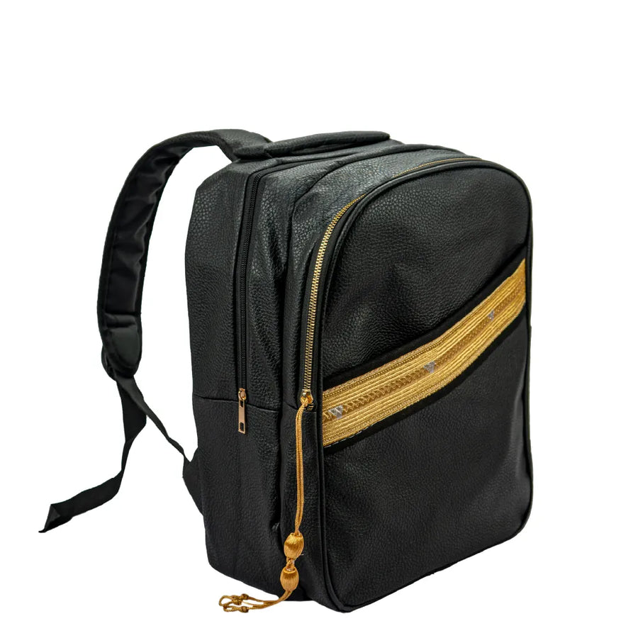 Custom Printed Backpack in PU Leather with Arabic Traditional Gold Bisht Design