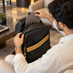 Custom Printed Backpack in PU Leather with Arabic Traditional Gold Bisht Design