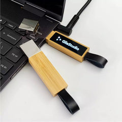 Custom Printed Bamboo LED Logo USB With Strap 64Gb V. 3.0 - Bamboo | Logo Branding Corporate Gift | UAE Delivery | Yalla Printing UAE
