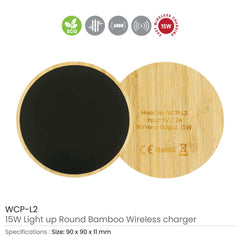 Custom Printed Bamboo Wireless Charger 15W Fast Charging & LED Logo - Bamboo | Logo Branding Corporate Gift | UAE Delivery | Yalla Printing UAE
