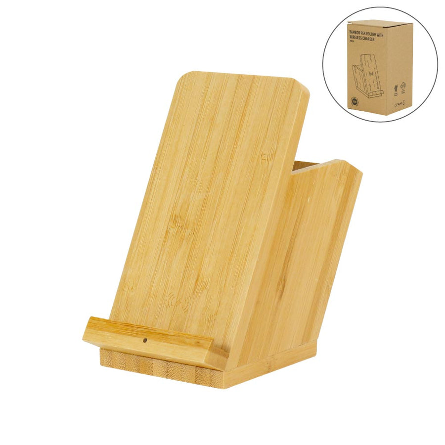 Custom Printed Bamboo Pen Holder With 15W Fast Wireless Charger - Bamboo | Exhibitions, Conferences, Corporate Events | Yalla Printing UAE