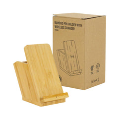 Custom Printed Bamboo Pen Holder With 15W Fast Wireless Charger - Bamboo | Logo Branding Corporate Gift | UAE Delivery | Yalla Printing UAE