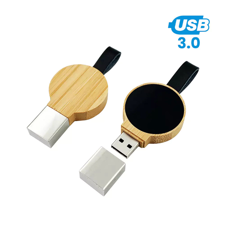 USB Drives – Bamboo Round LED Logo USB with Strap 64GB V. 3.0 | Corporate Gifts & Promotions – Yalla Printing UAE