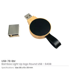 Custom Printed Bamboo Round LED Logo USB With Strap 64Gb V. 3.0 - Bamboo | Logo Branding Corporate Gift | UAE Delivery | Yalla Printing UAE