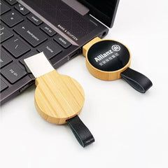 Custom Printed Bamboo Round LED Logo USB With Strap 64Gb V. 3.0 - Bamboo | Logo Branding Corporate Gift | UAE Delivery | Yalla Printing UAE