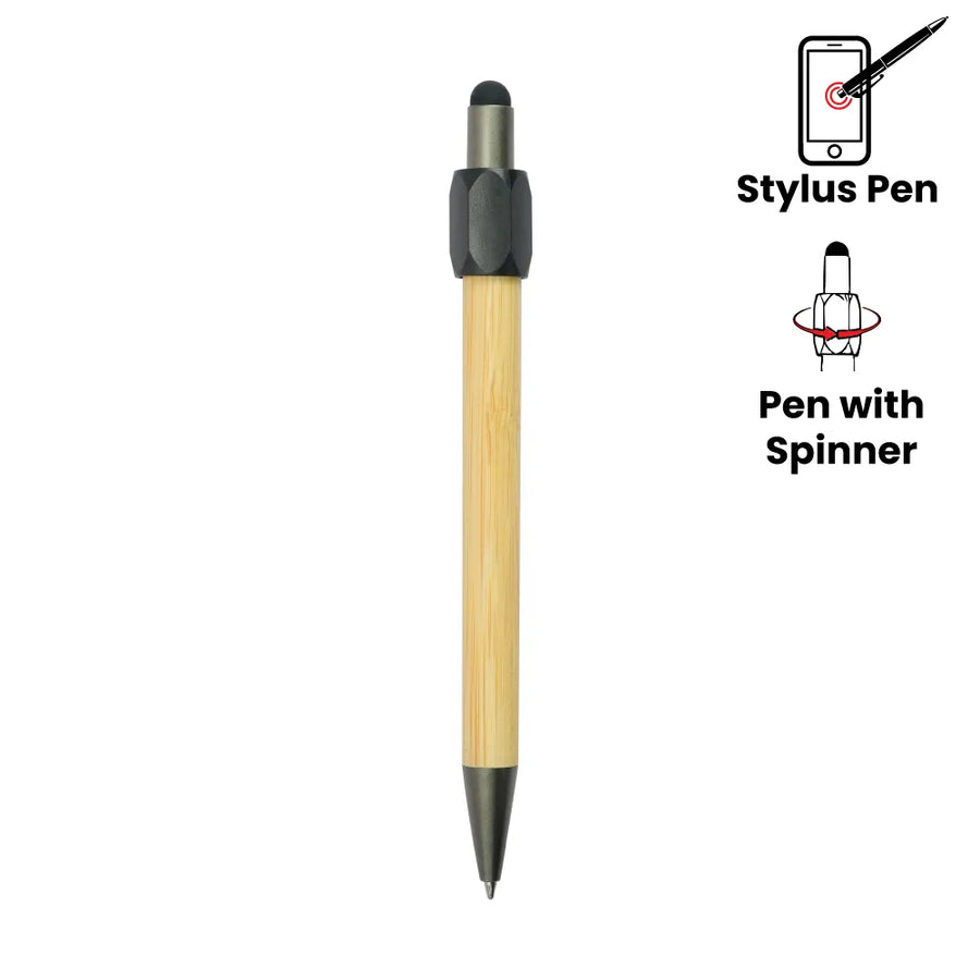 Custom Printed Bamboo And Metal Stylus Pens With Spinner (Blue Ink) - Stainless Steel | Exhibitions, Conferences, Corporate Events | Yalla Printing UAE