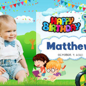 1st Birthday Banner with Cartoon Background - Kids Having Fun Theme - Yalla Printing